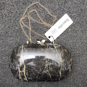 Olga Berg Black Marble-Effect Hardcase Clutch with Gold Chain